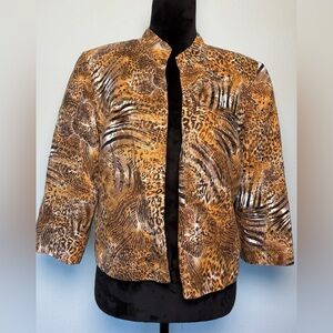 Laudrew Linen Blazer 10 Animal Print Mixed Leopard Tiger Open Front Lined